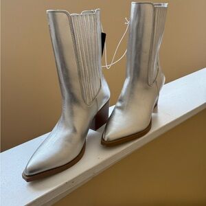 Forever 21 Silver Pointed-Toe Mid-Calf Block Heel Boots